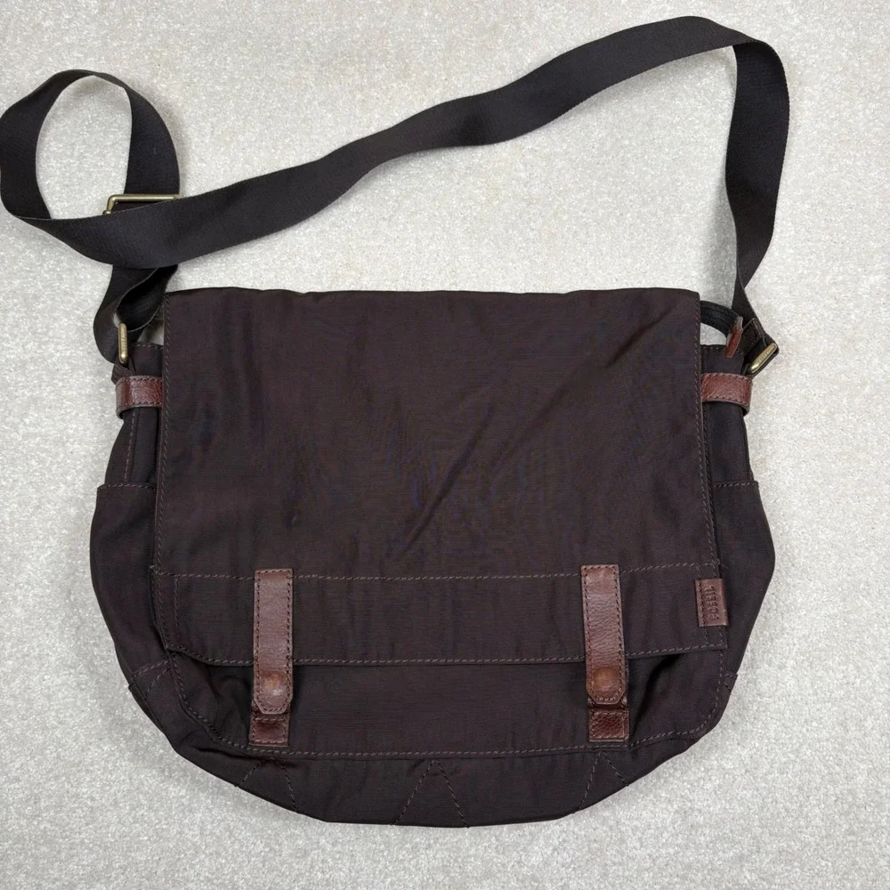 Fossil Brown Nylon Messenger Bag Leather Trim Crossbody Field Bag Adjustable
